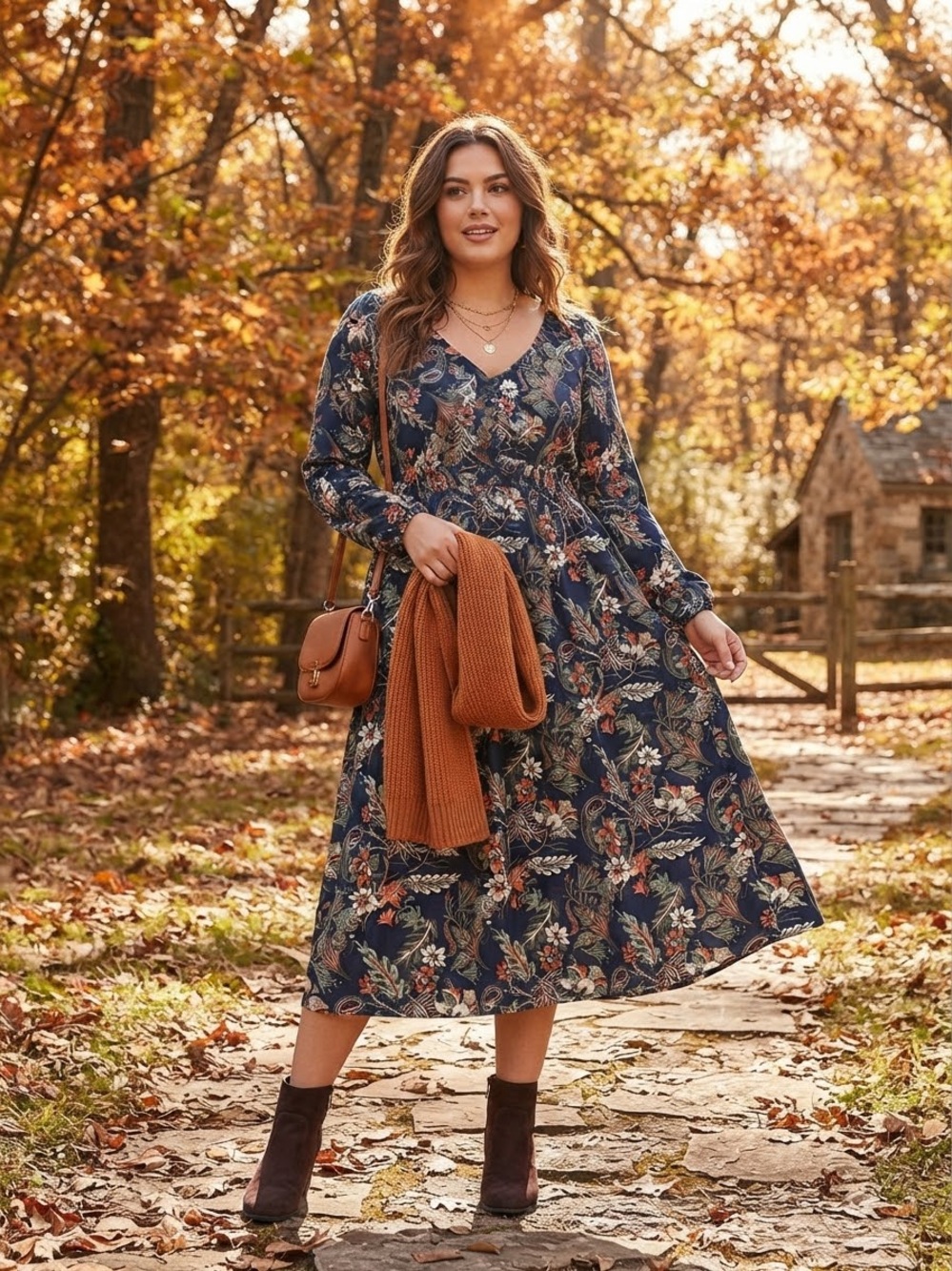 Mexx Floral Paisley Long Sleeve Midi Dress Boho 100% Cotton Dark Academia Rustic
